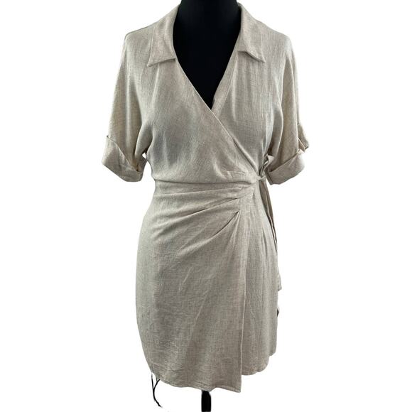 ASOS Beige Maternity & Nursing Wrap Dress Tie Waist Spread Collar Short Sleeve 0 - Picture 1 of 9